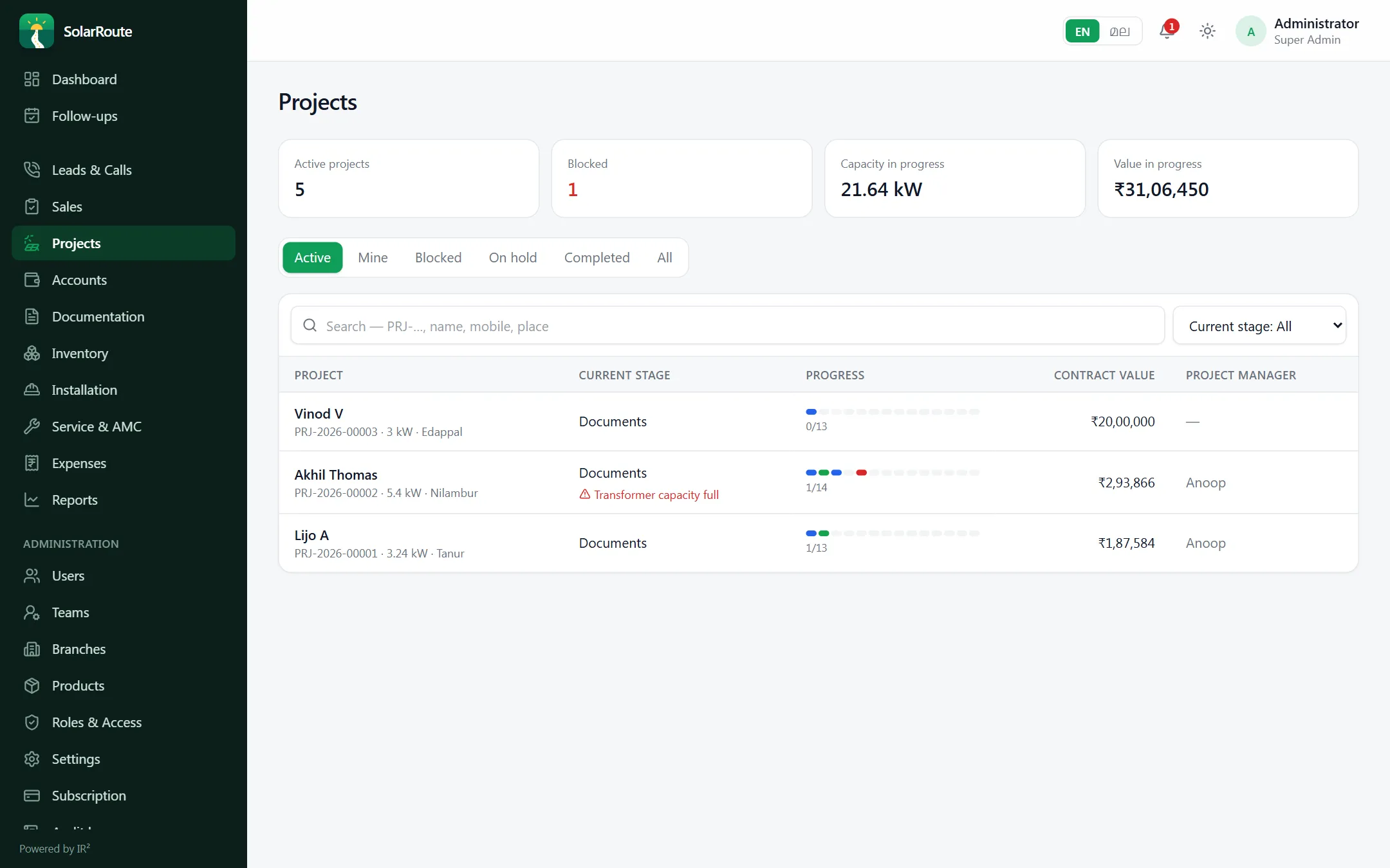 SolarRoute projects with stages, progress and values