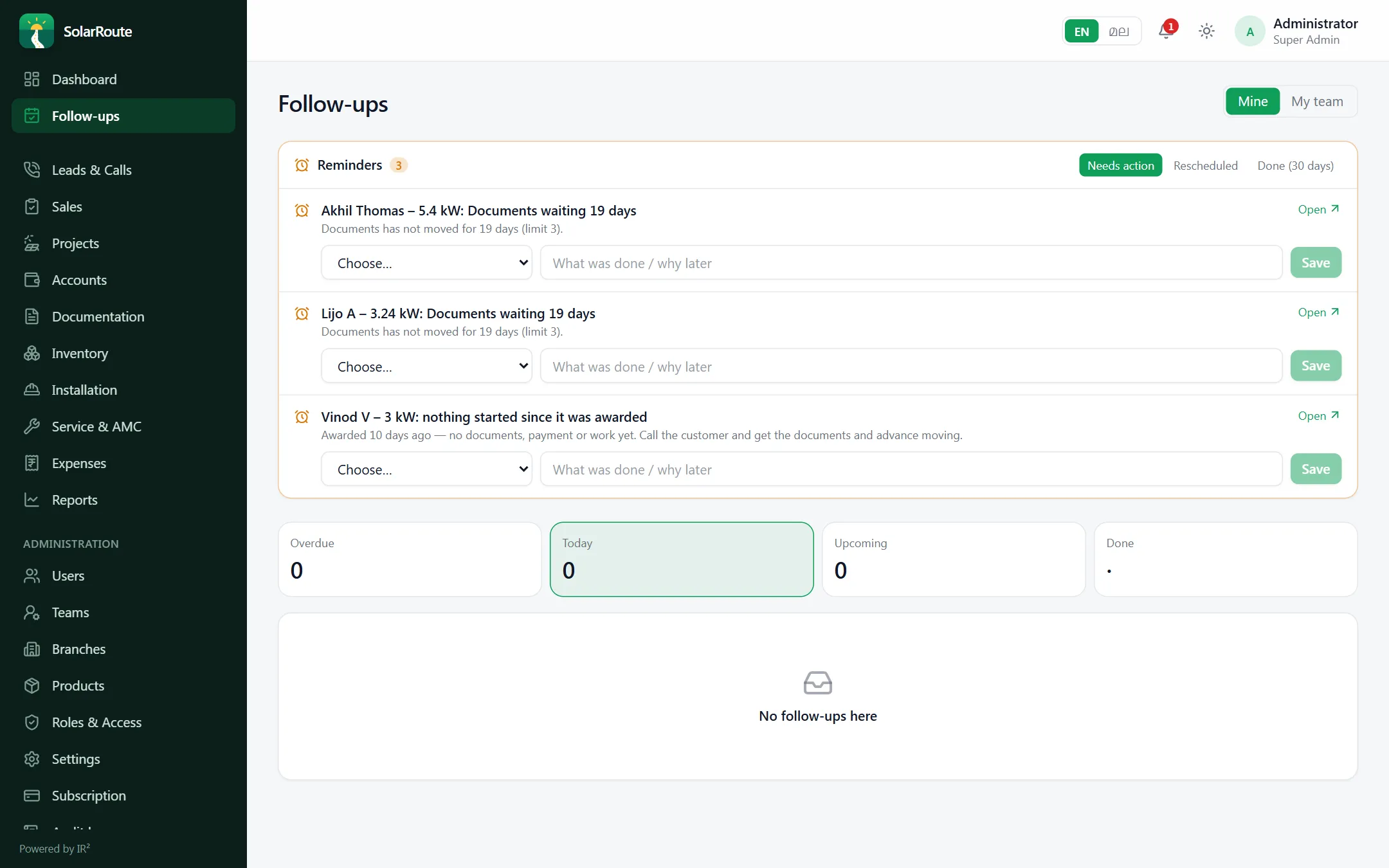 SolarRoute automatic reminders with Done or Reschedule
